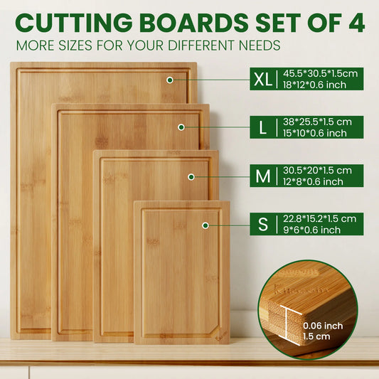 4-piece extra large heavy duty bamboo kitchen cutting board set with juice groove, inner handle design.