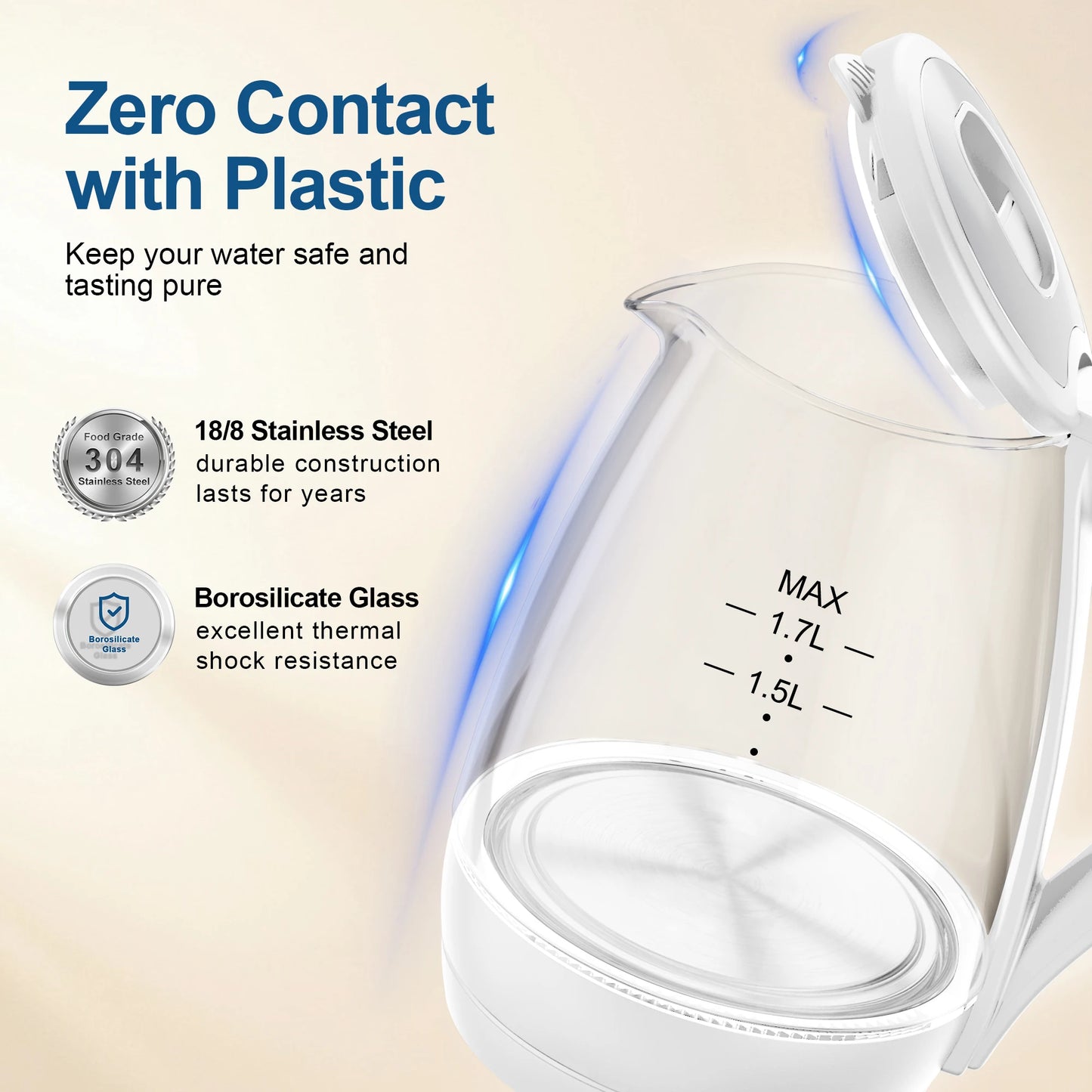 CACHOO 1.7L Borosilicate Glass Electric Kettle with LED Indicator, Fast Hot Water Boiler