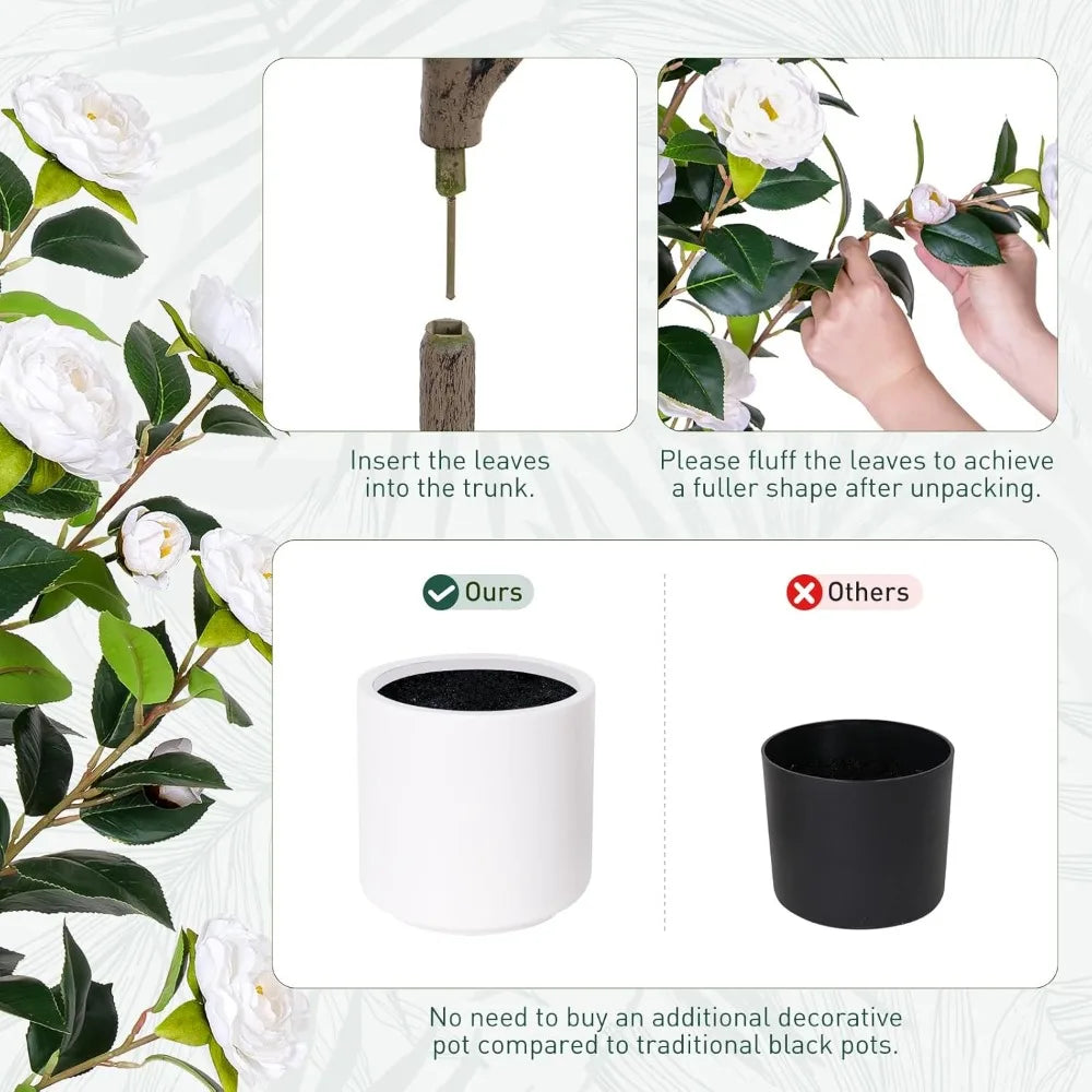 63 inch Artificial Camellia Tree with White Flower Pots -5 Ft Faux Plants, 2 pack