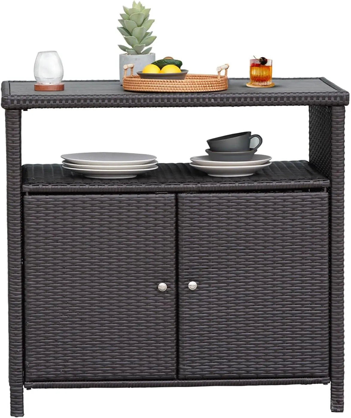 Waterproof Wicker Storage Buffet Outdoor Patio Bar Table with Two Doors and Shelves