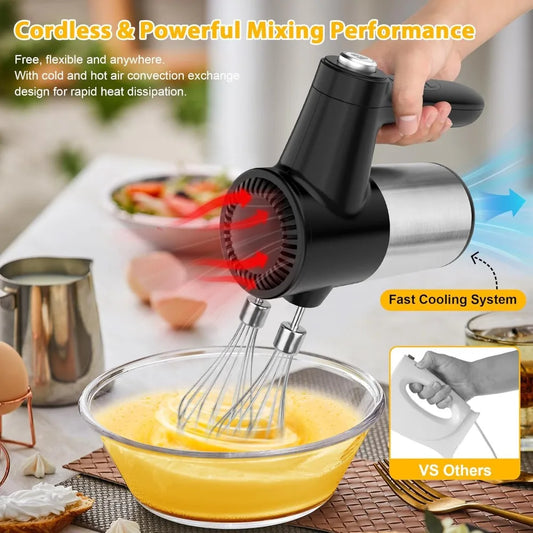 Cordless 7 Speed Portable Hand Mixer with Digital Display and 6 Stainless Steel Attachments Whisks