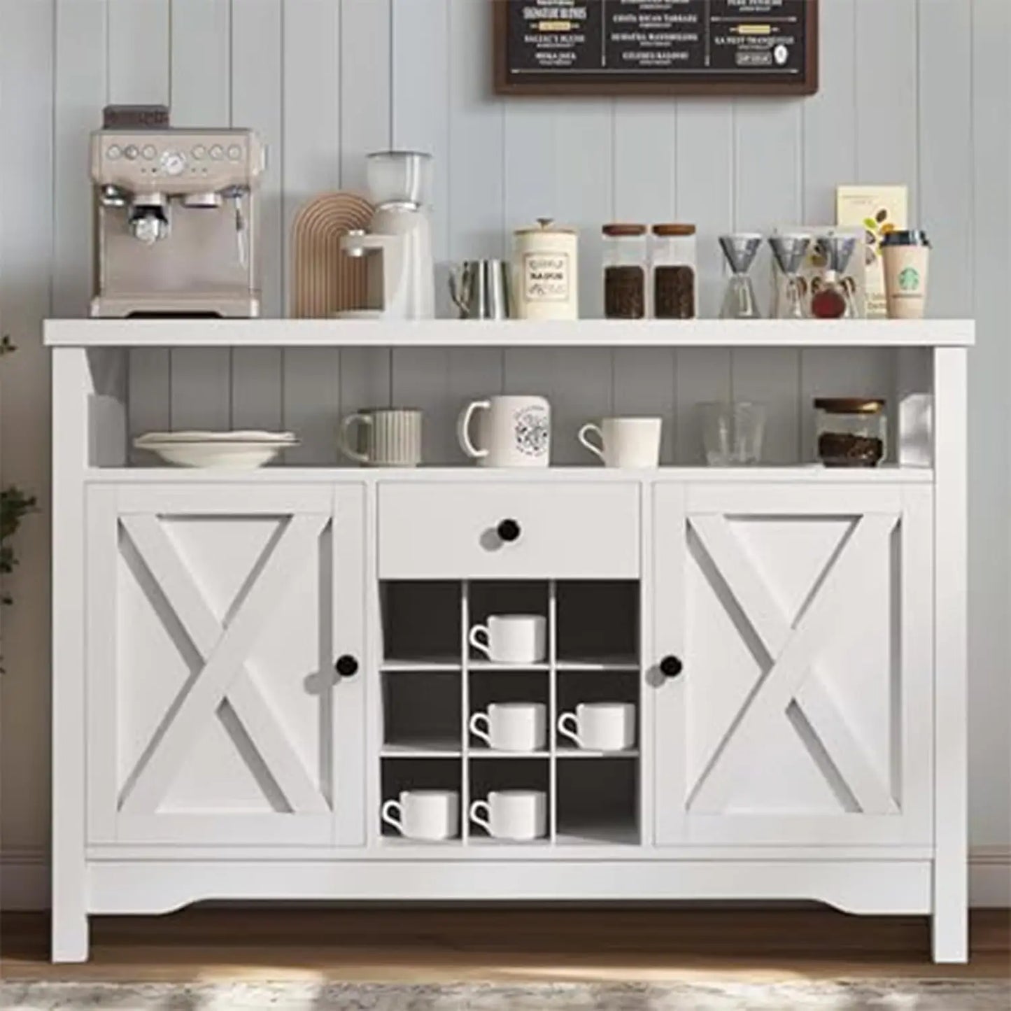 47" Farmhouse Coffee Bar Buffet Station with Storage, Gray with Drawer
