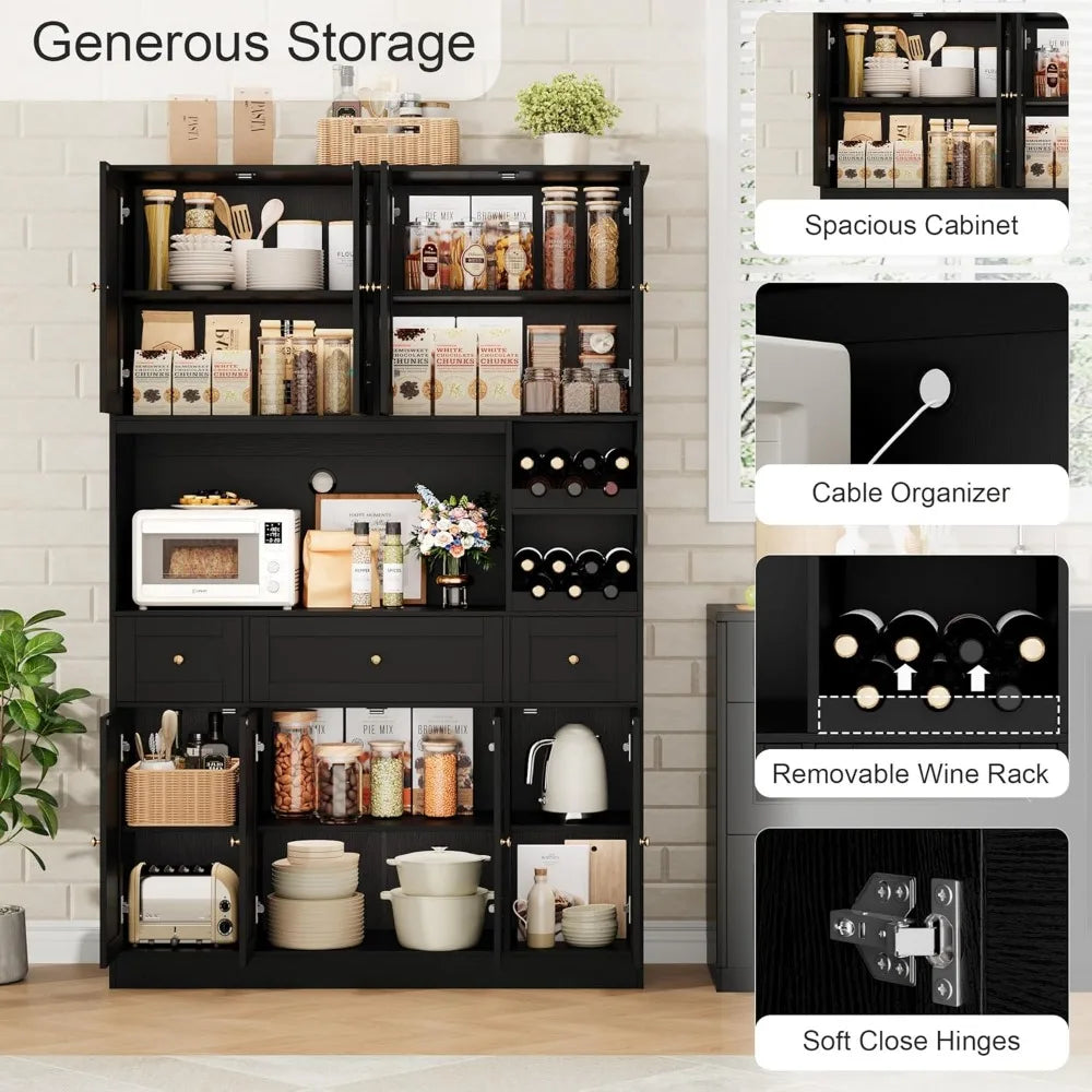 72" Tall Kitchen Large Pantry Storage Cabinet with Wine Rack, Modern Hutch