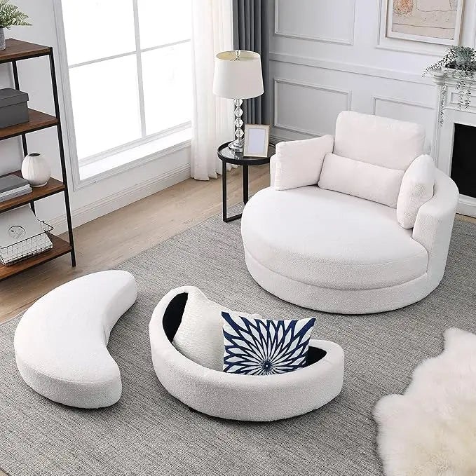 Oversize Round Barrel Swivel Accent Chair with Armrest Tray and Ottoman, Corduroy Fabric