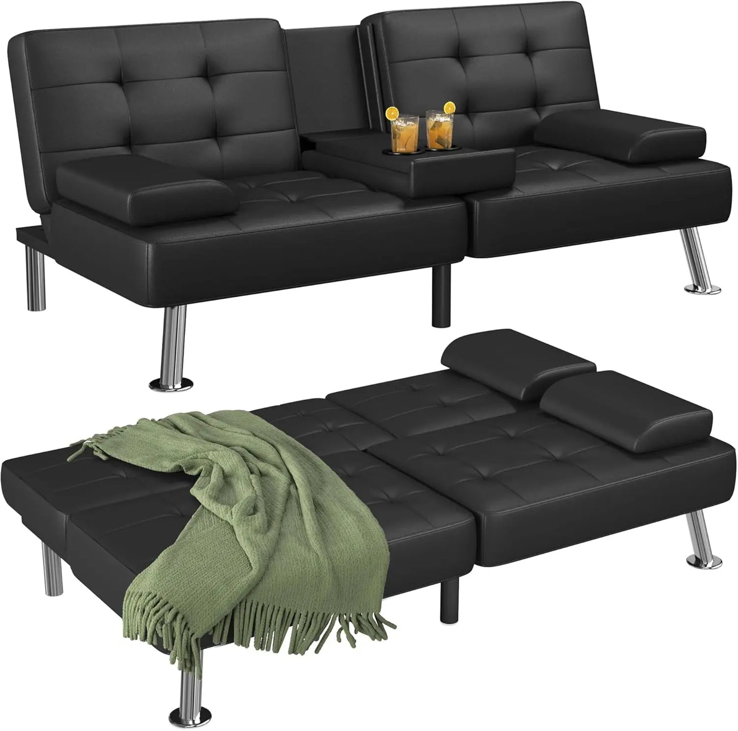 Futon Sofa Bed, Modern Folding Futon Sofa Bed Set, Convertible Lounge Chair, with 2 Cup Holders