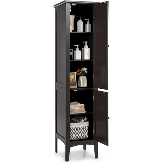 5-Tier Freestanding  Wooden Storage Cabinet, 5-Tier Freestanding Linen Tower with 2 Door