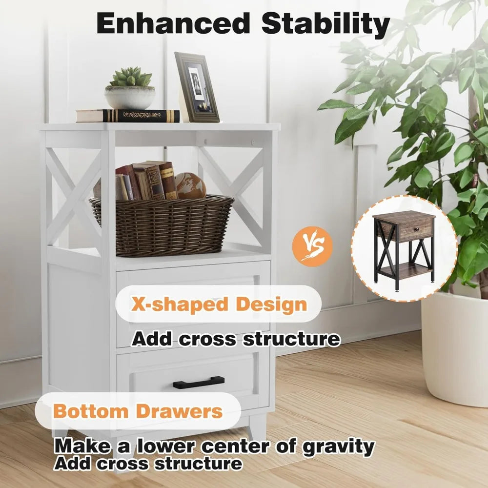 Tall Wooden Rustic Bedside Nightstand or Bedroom, (Set of 2), White