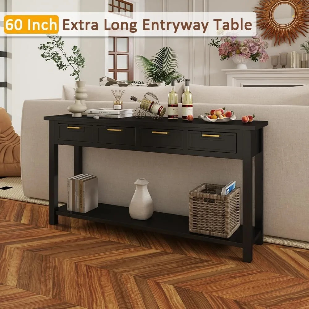 60 Inch Sofa Table w/4 Drawers and Bottom Shelf Narrow Long Hallway Table