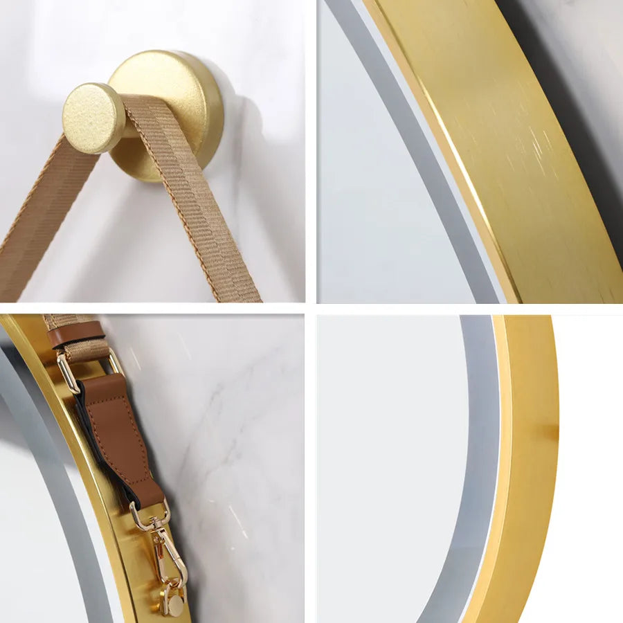 Round Light Mirror Black Gold Frame Dimmable Fogless Mirror with Detachable Rope