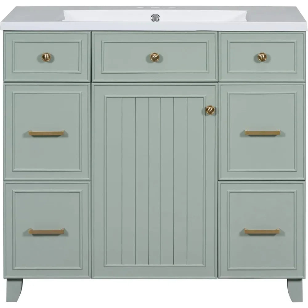 36" Bathroom Vanity organizer With Sink, Modern Green Bathroom Vanity With 3 Drawers
