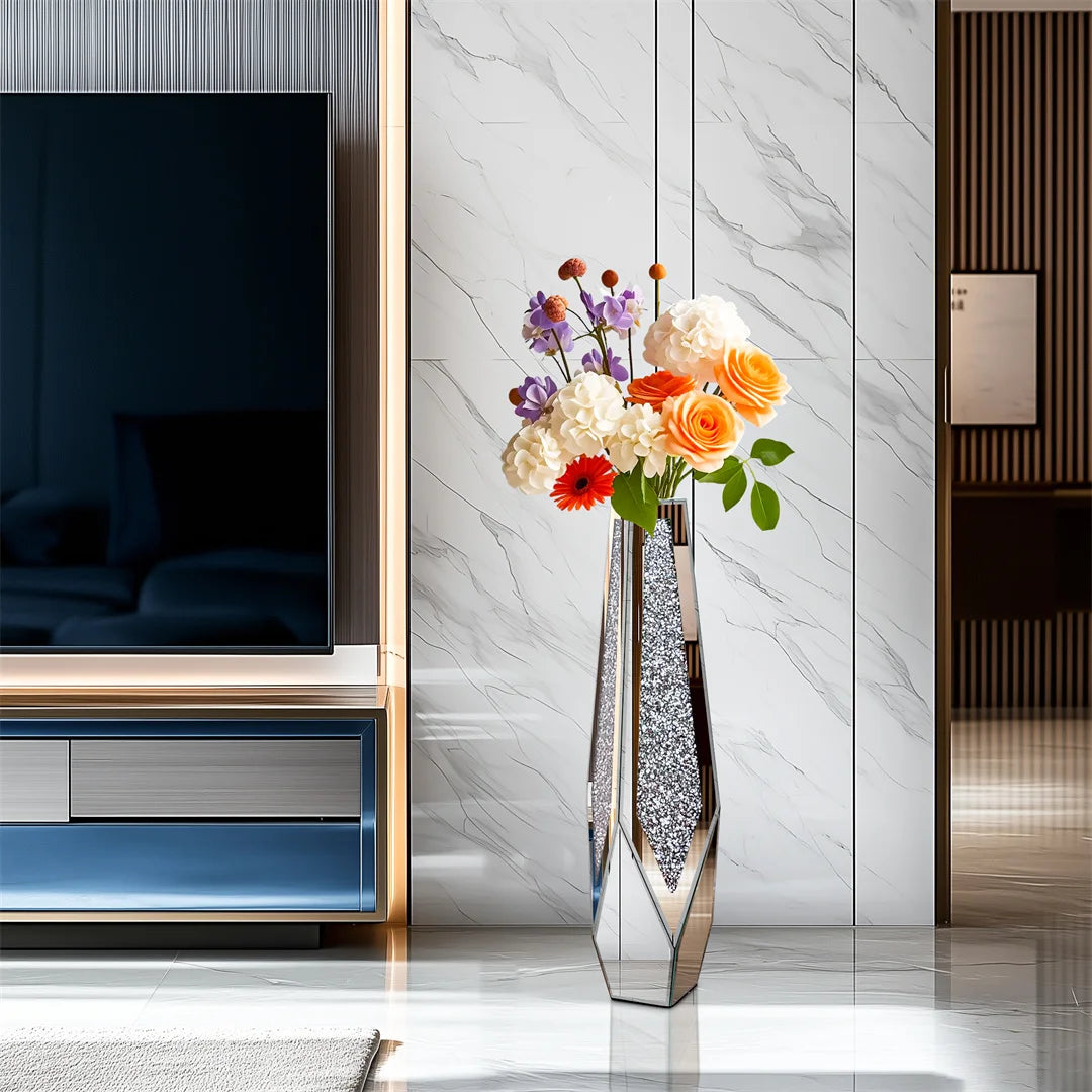 34” Tall Standing Flower Vase Crushed Diamond Mirrored Silver Glass Decorative Corner Vase for Home