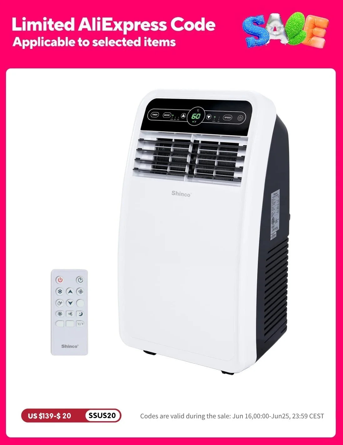 8,000 BTU Portable AC Unit with Built-in Cool, Dehumidifier & Fan Modes for Room up to 200 sq.ft