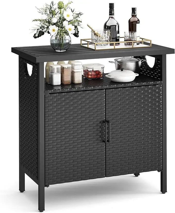 Patio Bar Table with Two Doors and Shelves, Waterproof Wicker Outdoor Storage Cabinet