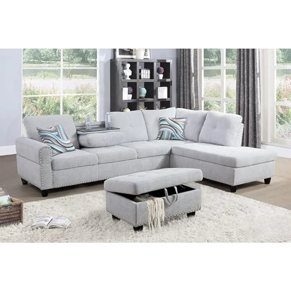 Linen 3-Piece Grey Sofa Living Room Sofa Set with Storage Ottoman, Reversible Coffee Table Cup-Holder,Grey
