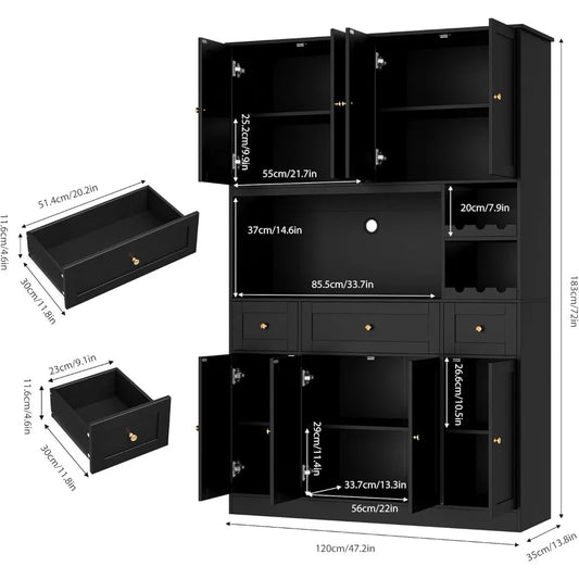 72" Tall Kitchen Large Pantry Storage Cabinet with Wine Rack, Modern Hutch