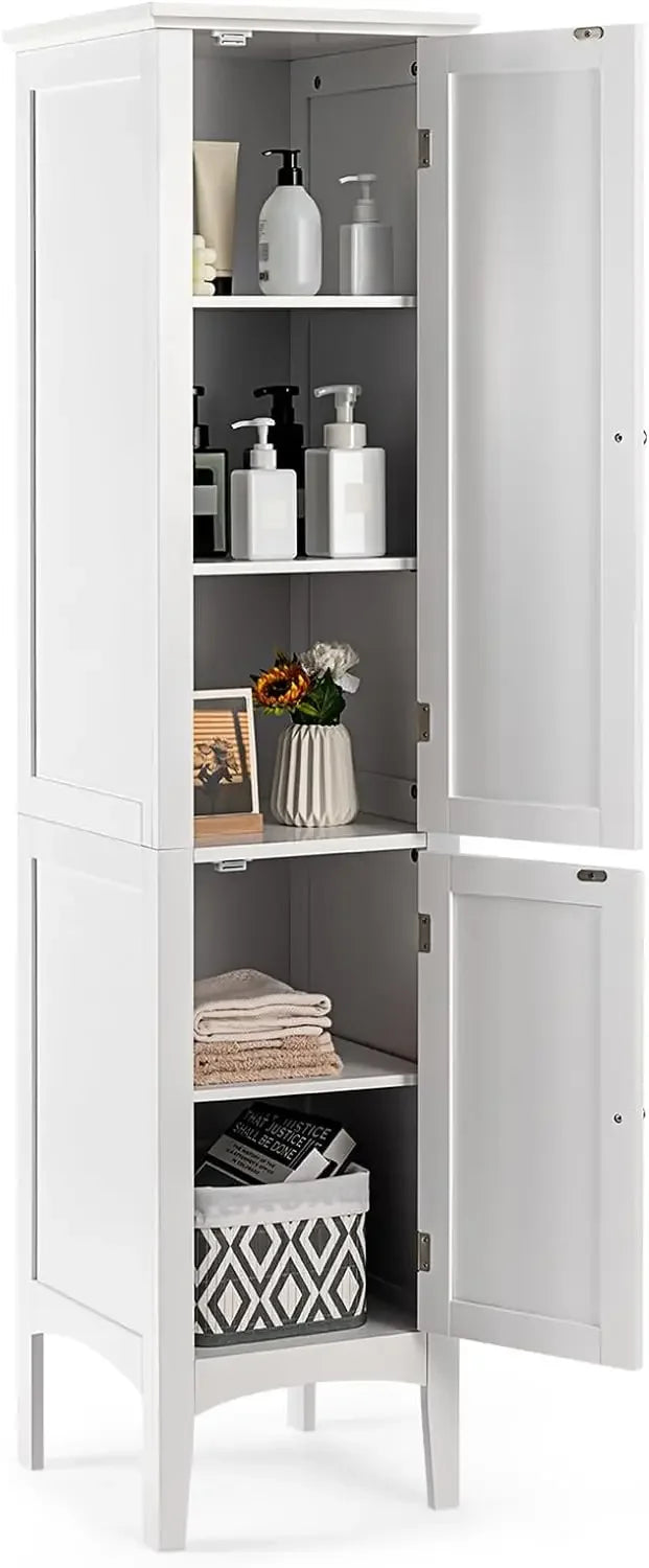 5-Tier Freestanding  Wooden Storage Cabinet, 5-Tier Freestanding Linen Tower with 2 Door