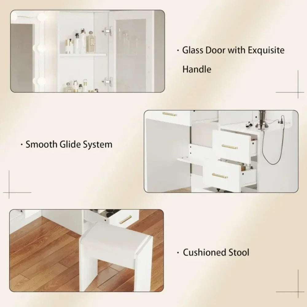 58.3" Vanity Desk with Mirror and 10 LED Lights, 8 Metal Sliding Drawers & 2 Cabinets,Vanity Set