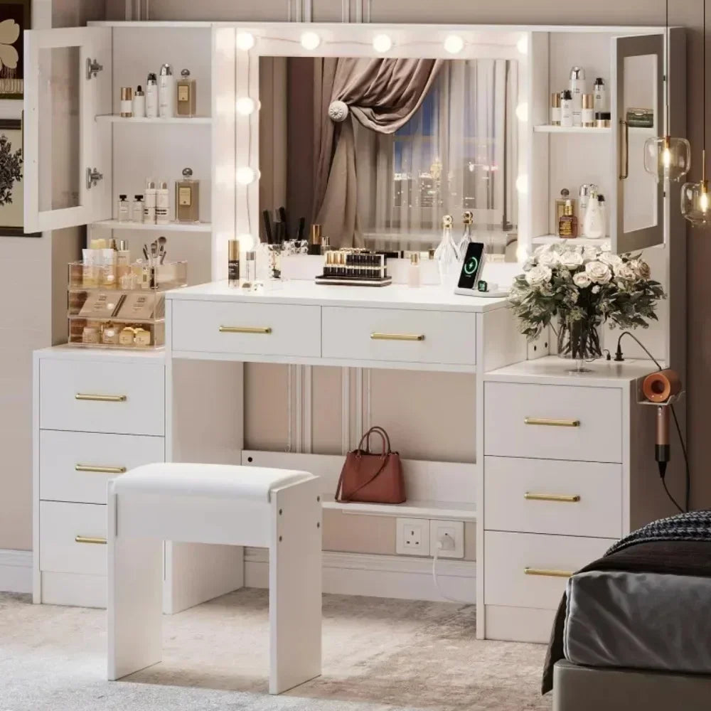 58.3" Vanity Desk with Mirror and 10 LED Lights, 8 Metal Sliding Drawers & 2 Cabinets,Vanity Set