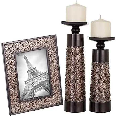 Creative Scents Dublin Brown Set Of 2 Candle Holders And Matching 5 X 7 Picture Frame