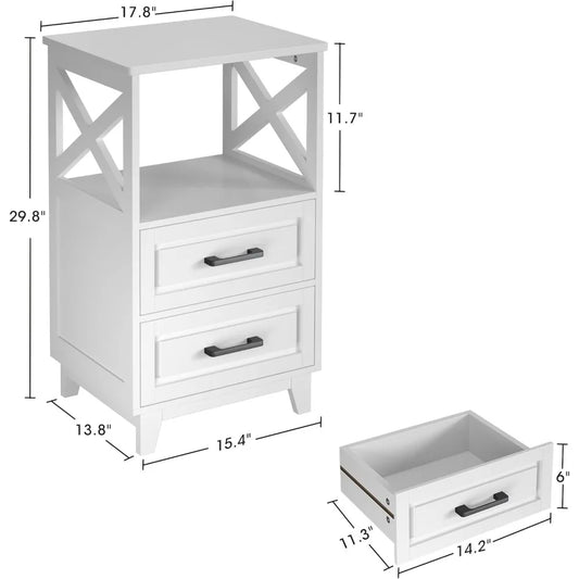 Tall Wooden Rustic Bedside Nightstand or Bedroom, (Set of 2), White