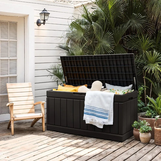 Waterproof Outdoor Large Storage Deck Box 85 Gallon with Wood Textured for Patio Cushions (Black)