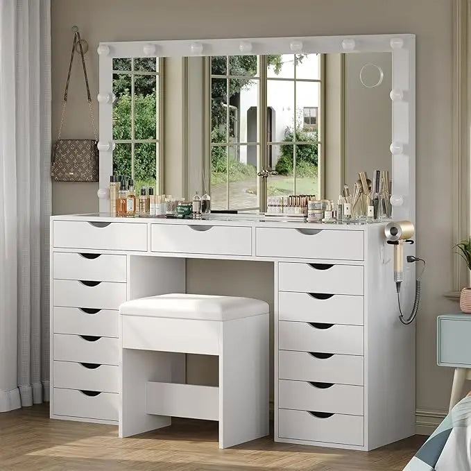 Vanity Desk with Mirror and 3 color Lighting Modes with Charging Station,15 Drawers Dressing Table