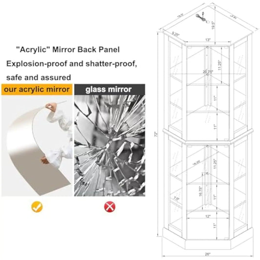 Lighted Curio China Cabinet Corner Display with Tempered Glass Doors and Shelves, Wooden Accent