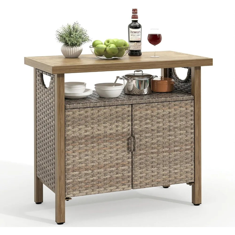 Patio Bar Table with Two Doors and Shelves, Waterproof Wicker Outdoor Storage Cabinet