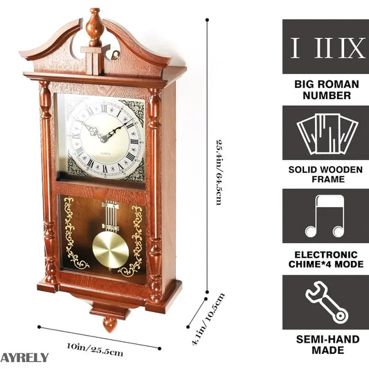 25in Grandfather Vintage Wall Clock with Pendulum and Hour/Quarter-Hour Chime