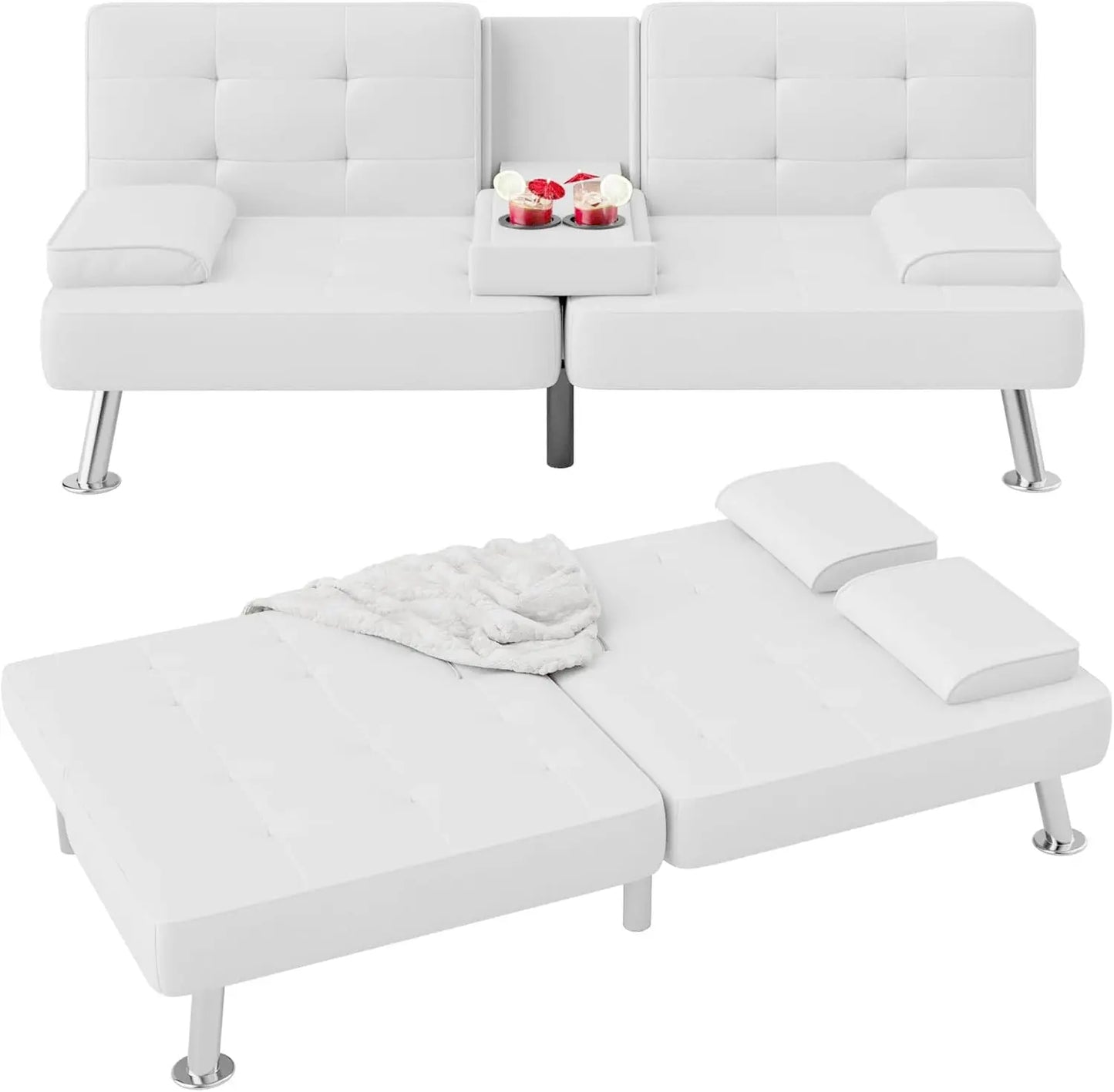 Futon Sofa Bed, Modern Folding Futon Sofa Bed Set, Convertible Lounge Chair, with 2 Cup Holders