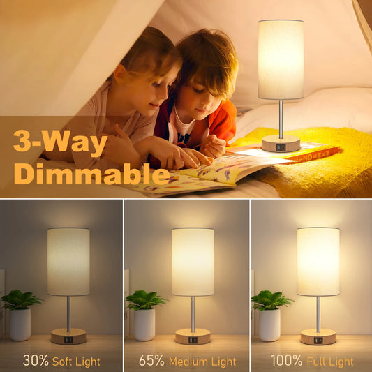 2 Pack 14 Inch Small Table Lamp 3 Way Dimmable, Touch Control, Dual Charging Ports, 3000K Soft Warm (2 LED Bulb)