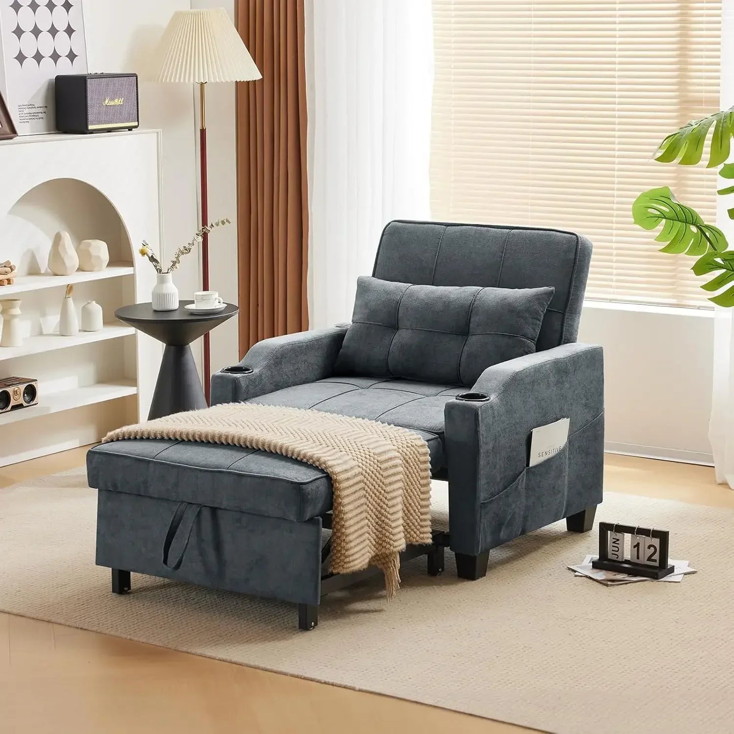 Sleeper Chair 3-in-1 Pull out Couch Sleeper Sofa Light Gray, Recliner with USB Ports, Cup Holders, Side Pockets