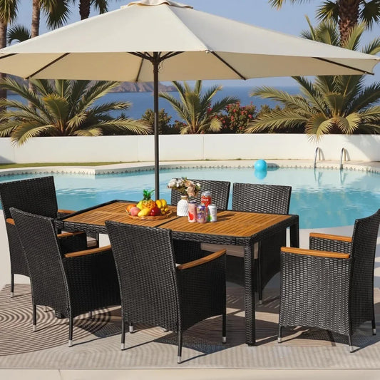 7 Pieces Outdoor Dining Set with 6 Chairs with Cushions, Curved Acacia Wooden Armrests