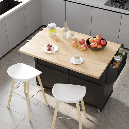 Rolling Mobile Kitchen Island Table  with Wood Top and Drop Leaf Breakfast Bar