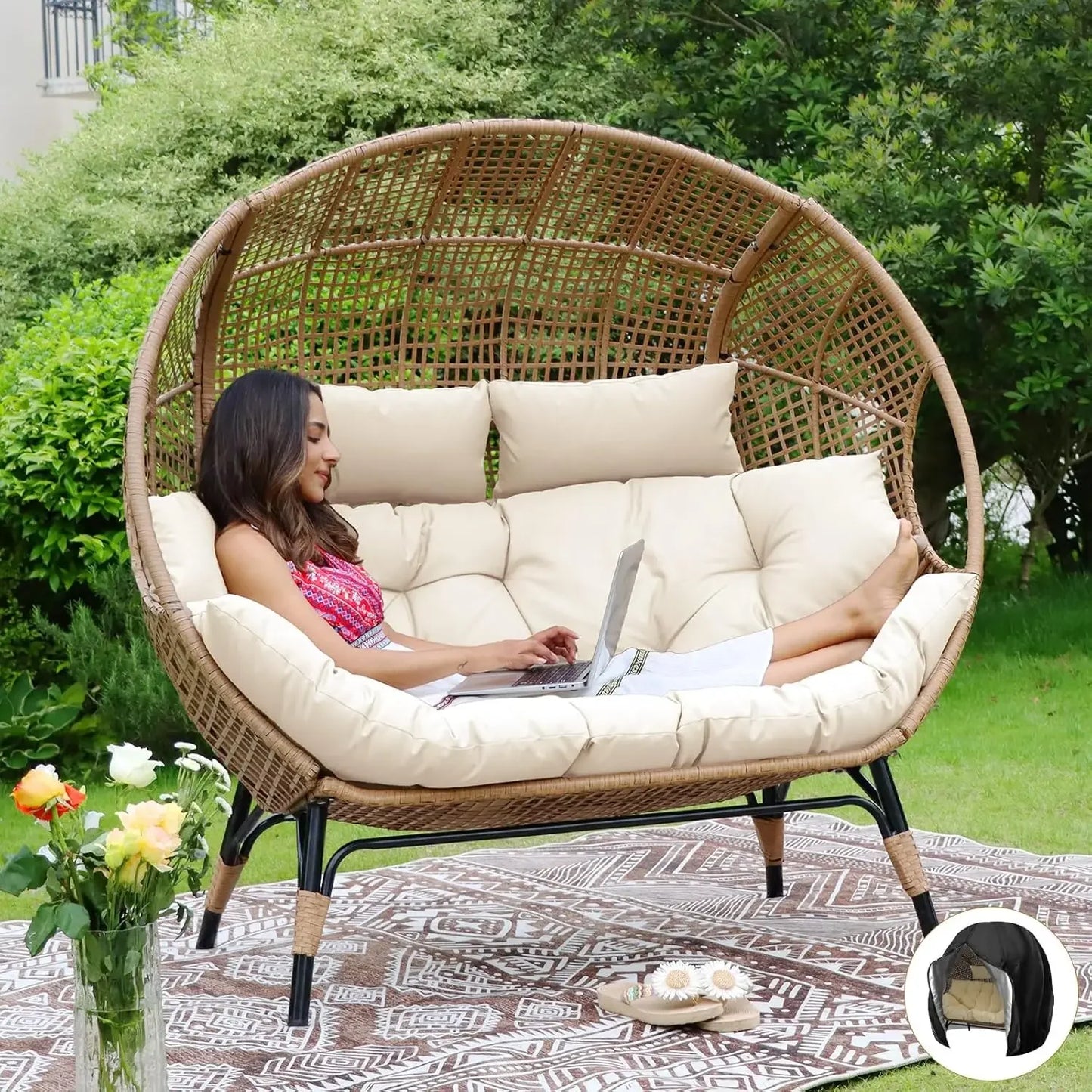 2 person Double Egg Extra Large Lounge Chairs, Indoor Outdoor with Thicken Padded Cushions