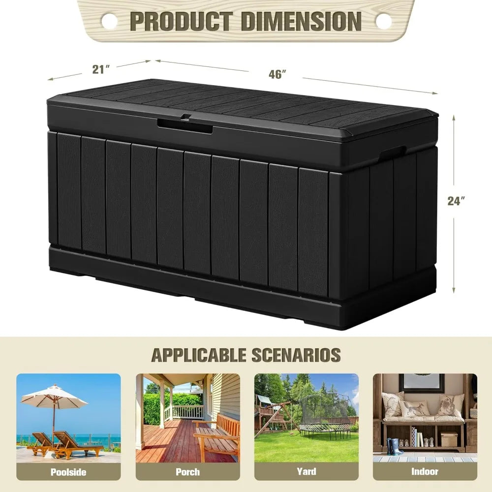 Waterproof Outdoor Large Storage Deck Box 85 Gallon with Wood Textured for Patio Cushions (Black)