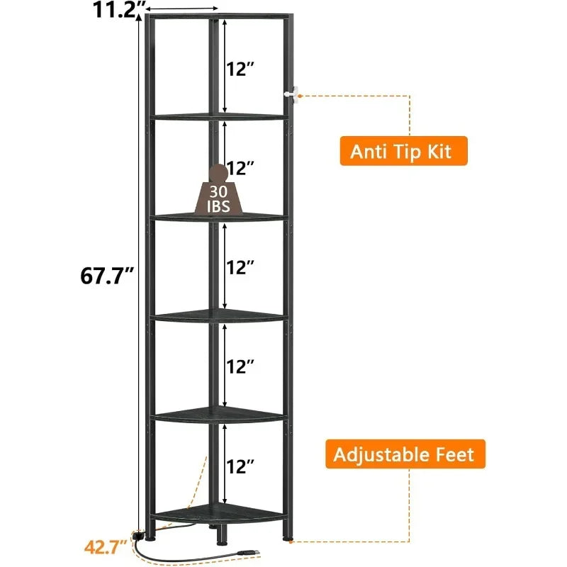 6 Tier Corner Shelf with LED Light 67.5” Tall Standing Shelf Organizer, Black Narrow Bookshelf with Storage Rack for Wall Corner