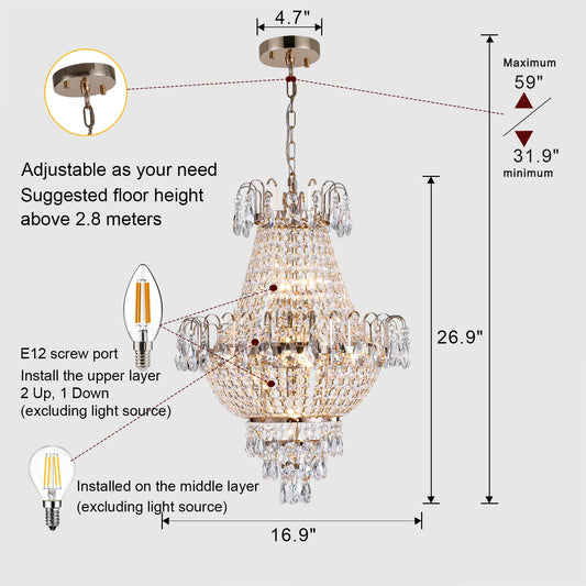 16.9" Luxury Retro Crystal Chandelier European Style, 7-Light Classy Fixture