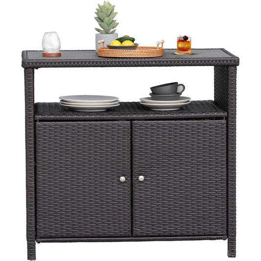 Waterproof Wicker Storage Buffet Outdoor Patio Bar Table with Two Doors and Shelves