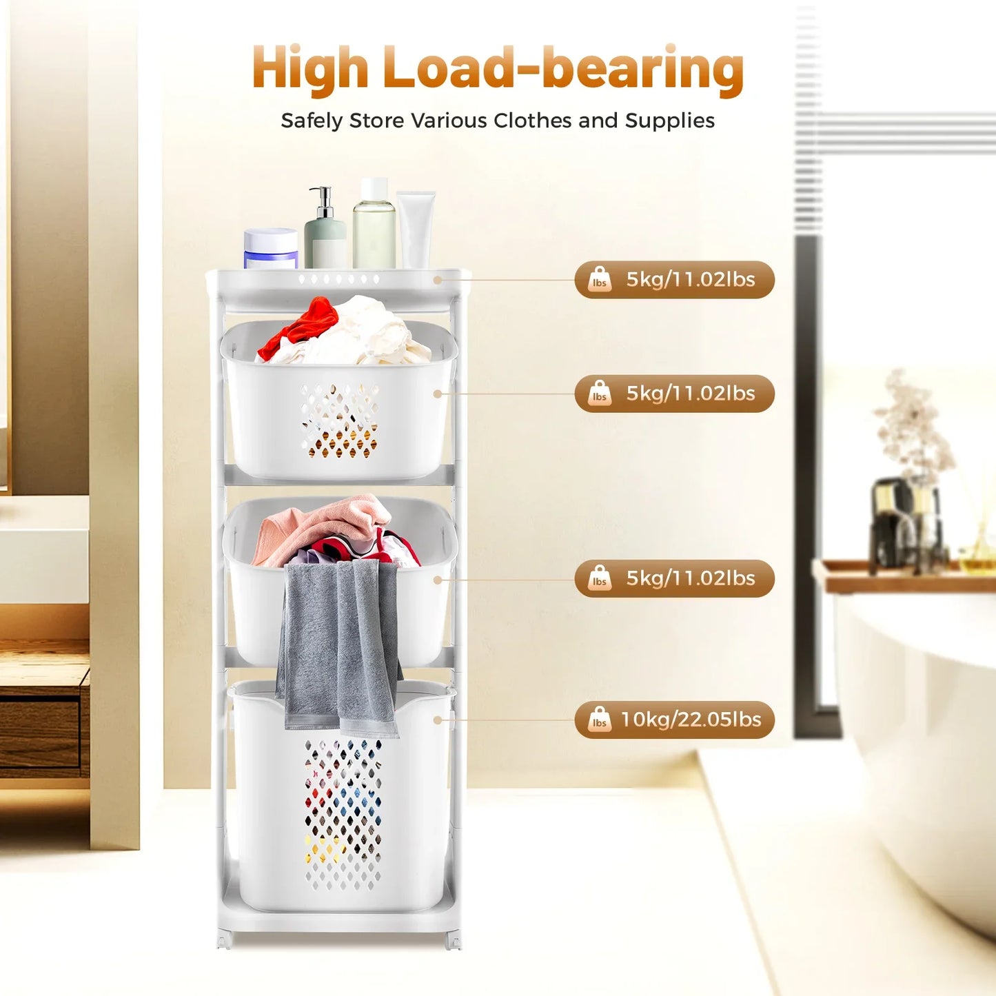 3 Tier Rolling 360° Rolling Laundry Hamper, Clothes Sorter Organizer with 4 Wheels
