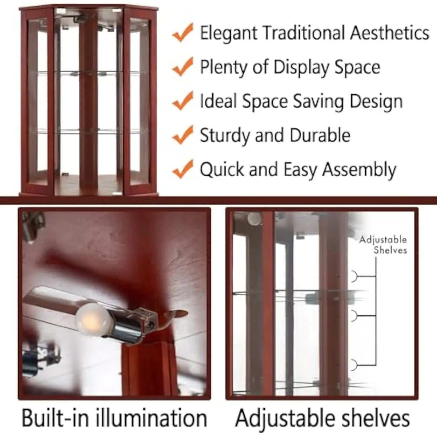 Lighted Curio China Cabinet Corner Display with Tempered Glass Doors and Shelves, Wooden Accent