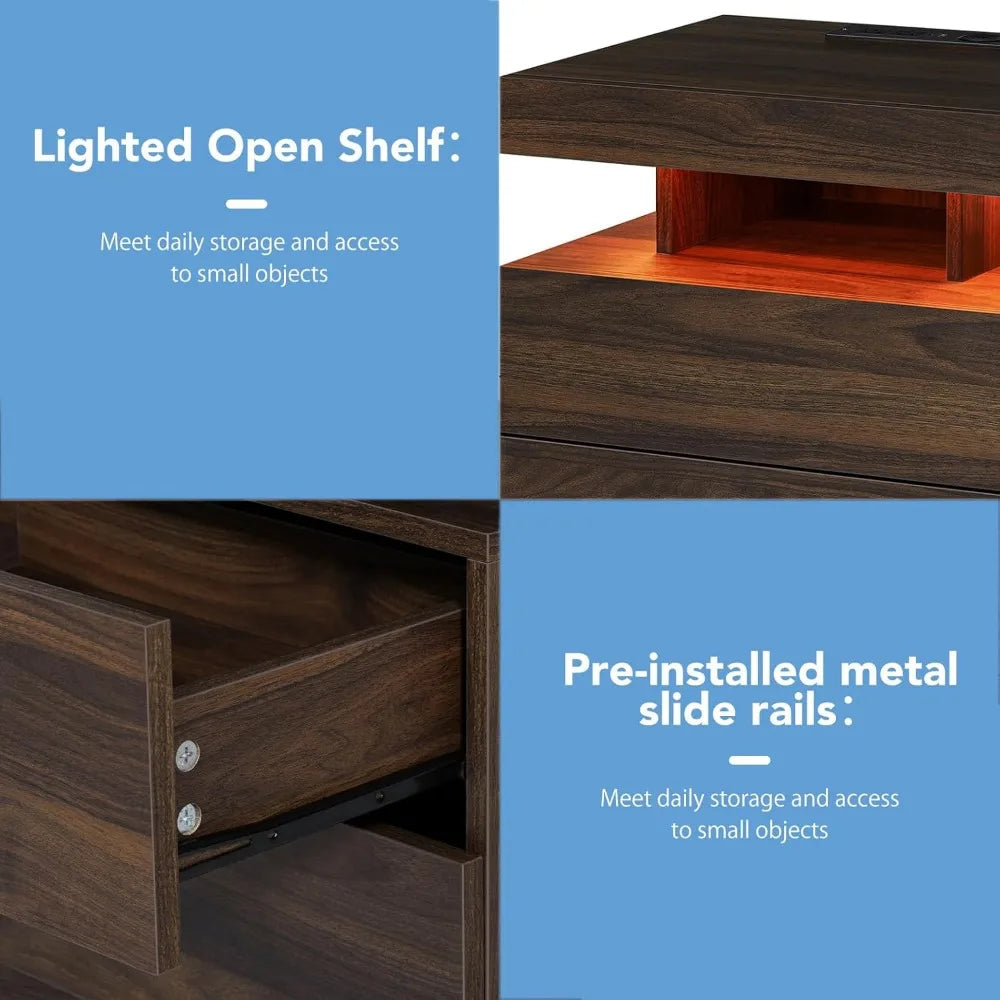 Set of 2 Walnut Tall High Gloss Nightstands ,with Wireless Charging Station with 3 Drawers