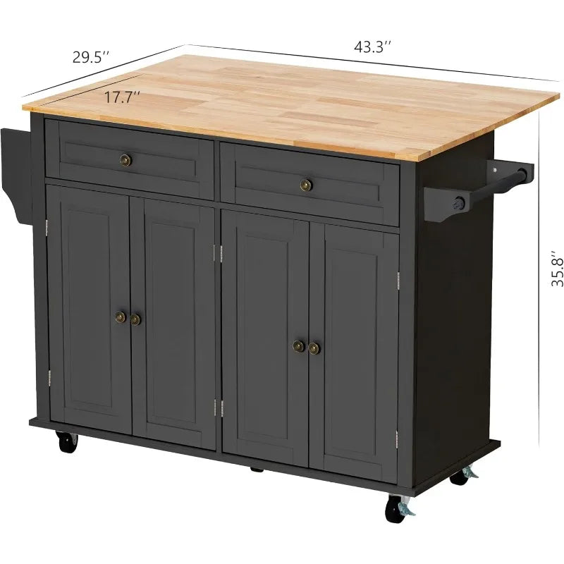 Rolling Mobile Kitchen Island Table  with Wood Top and Drop Leaf Breakfast Bar