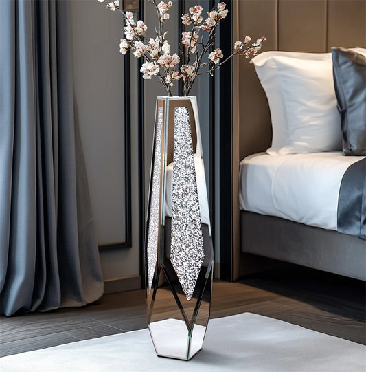 34” Tall Standing Flower Vase Crushed Diamond Mirrored Silver Glass Decorative Corner Vase for Home