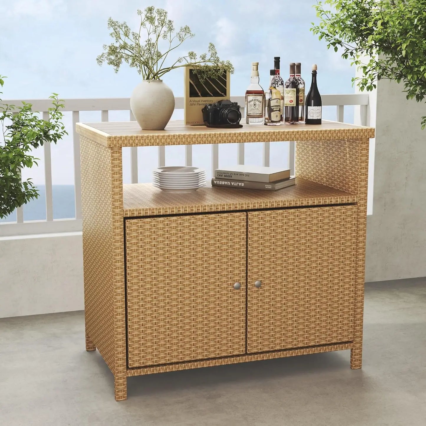 Waterproof Wicker Storage Buffet Outdoor Patio Bar Table with Two Doors and Shelves