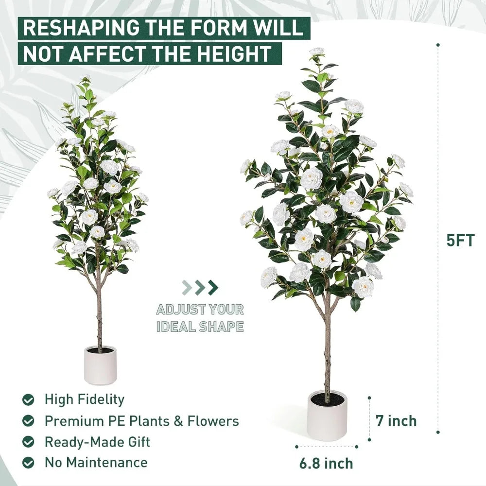 63 inch Artificial Camellia Tree with White Flower Pots -5 Ft Faux Plants, 2 pack