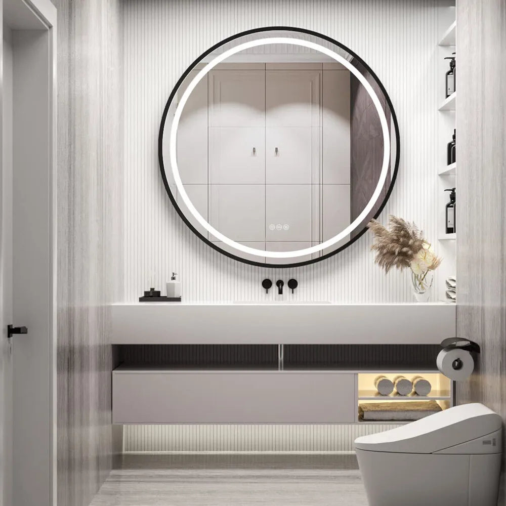 Round Light Mirror Black Gold Frame Dimmable Fogless Mirror with Detachable Rope