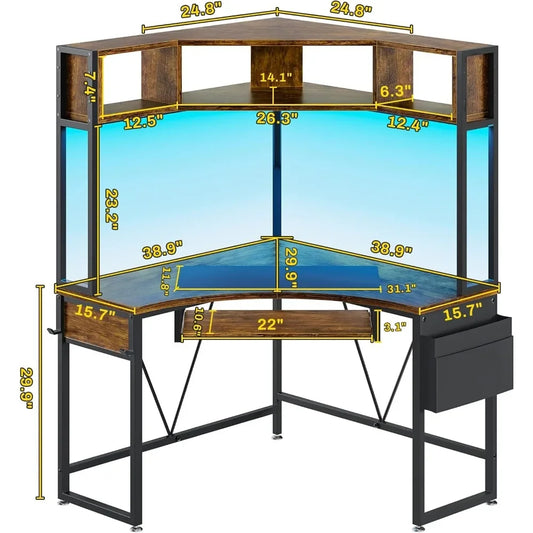 Small Gaming or Computer Triangle Corner Desk with Hutch LED Lights, keyboard Tray and Storage Bag