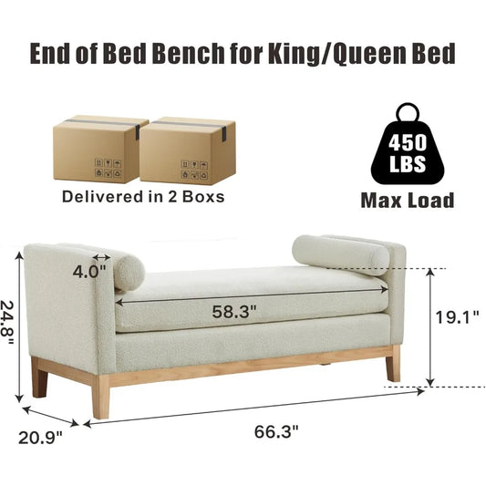 King Size 66.3" End of Bed Upholstered Long Boucle Ottoman Bench with Arms & Pillows