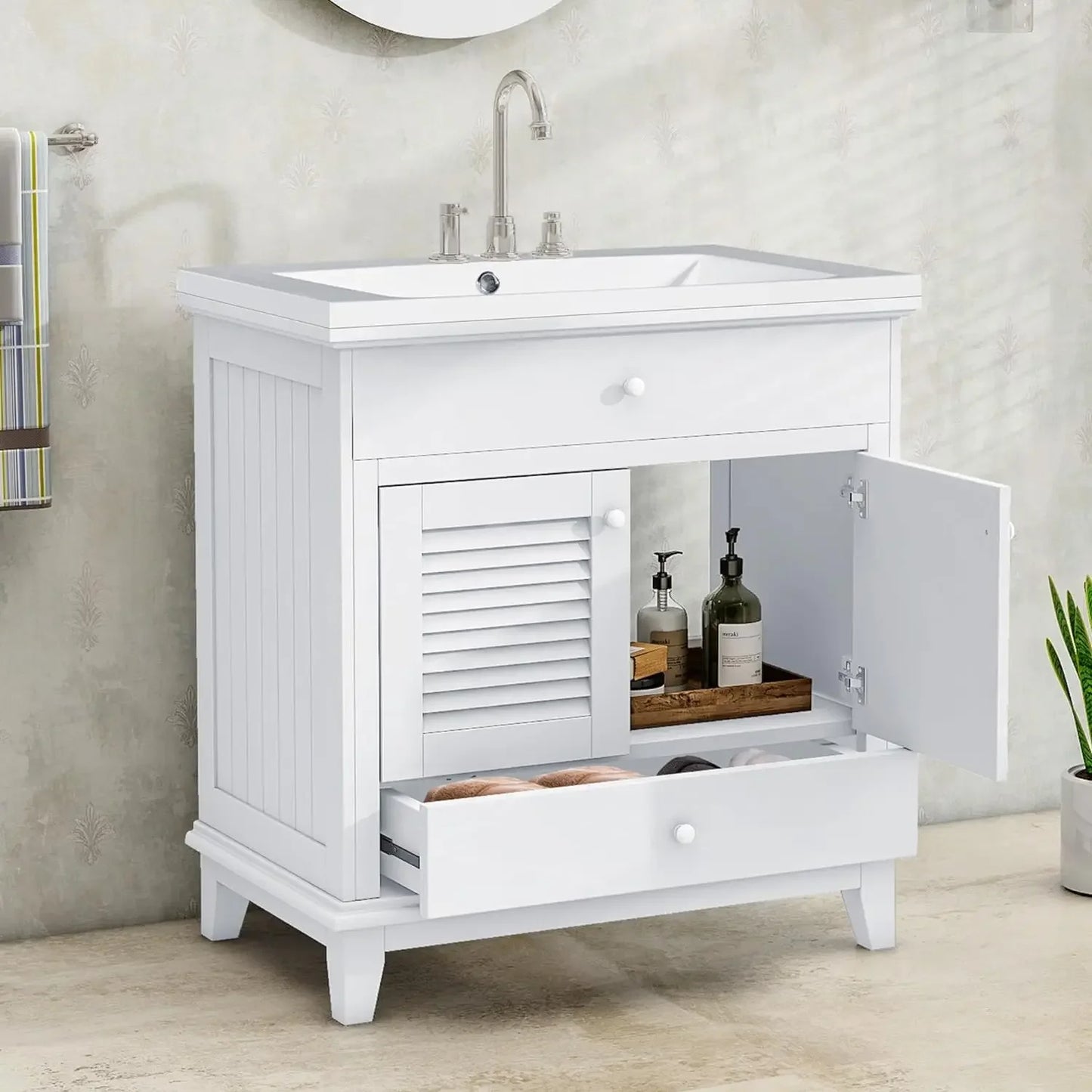 36" Bathroom Vanity organizer With Sink, Modern Green Bathroom Vanity With 3 Drawers